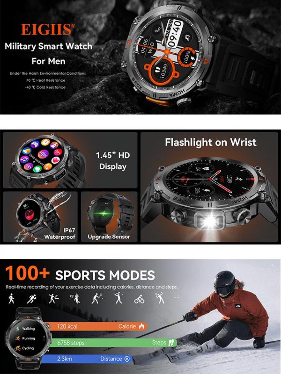 Brown Leather Smart Watch with Fitness Tracker and 100 Sports Modes