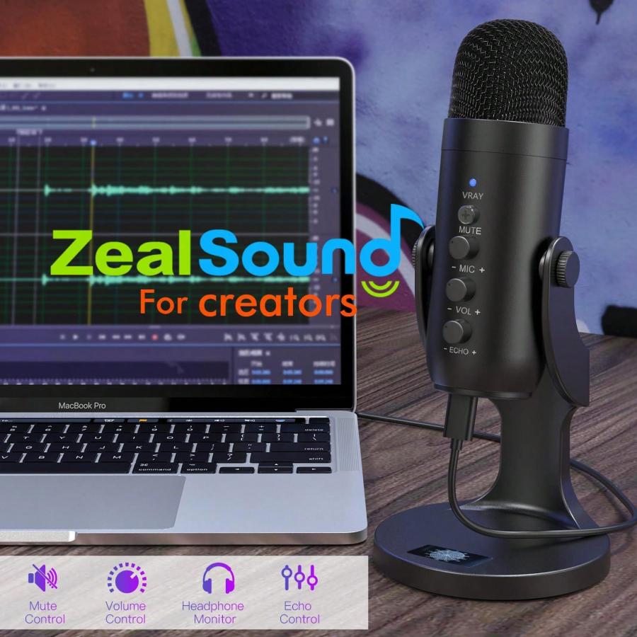 Конденсаторный USB-микрофон ZealSound для компьютерных игр и подкастов, черный