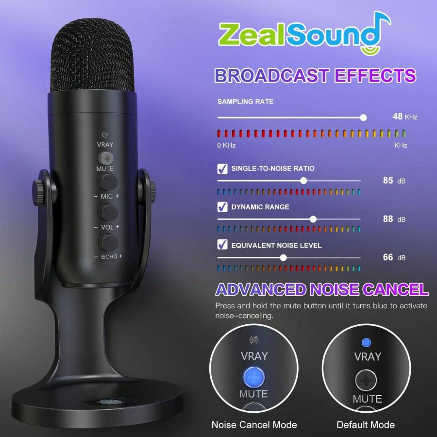 Конденсаторный USB-микрофон ZealSound для компьютерных игр и подкастов, черный