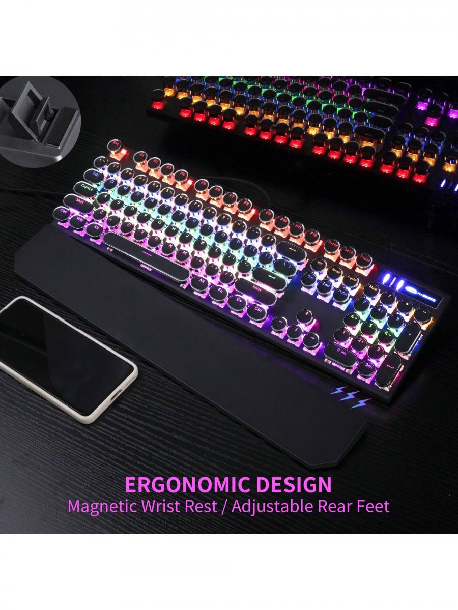 MageGee Retro Black пишущая машинка механическая игровая клавиатура 104 клавиши RGB