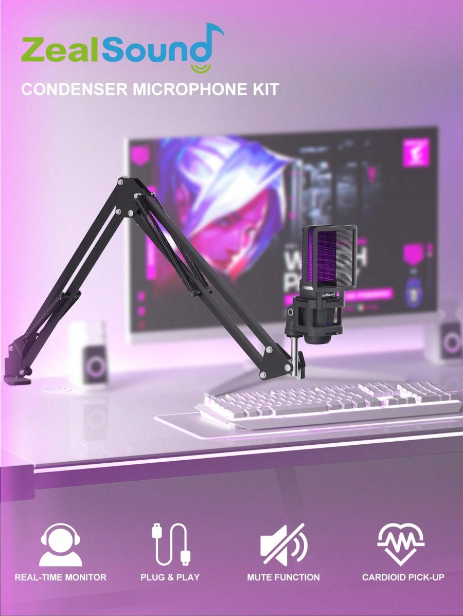 Комплект игрового USB-микрофона ZealSound A68 с микрофонной штангой и RGB-подсветкой