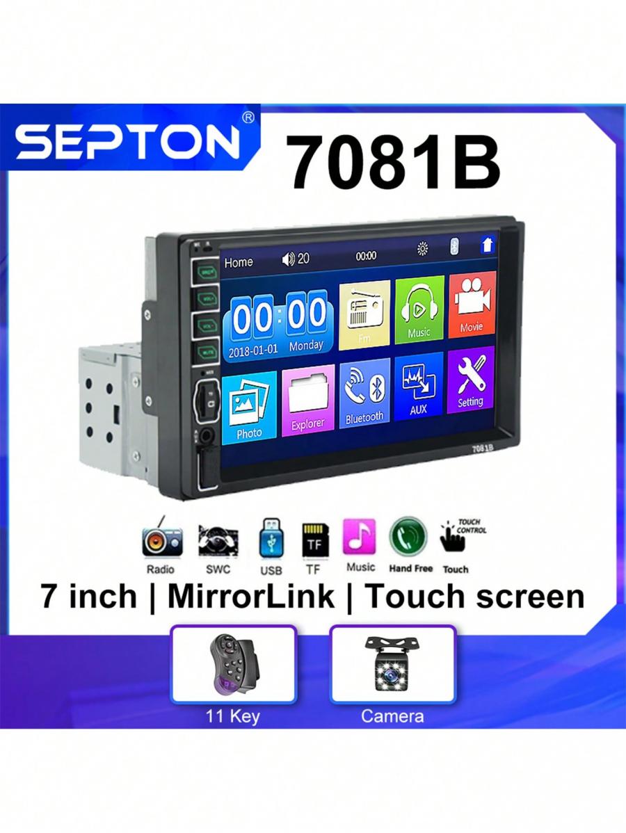 Septon 1 Din 7inch Touch Screen MP5 Car Radio FM Bluetooth Player