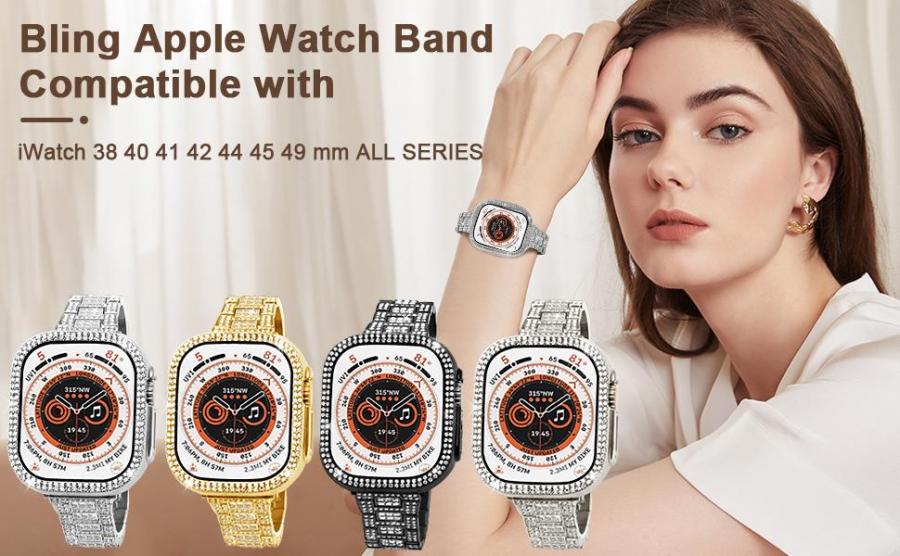 FORKODA Bling Metal Apple Watch Band Series 8 7 with Protective Case