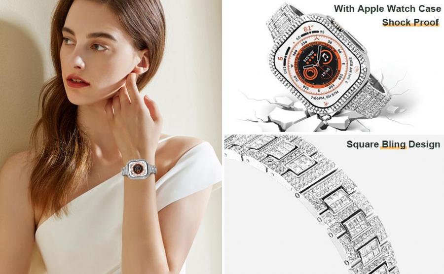 FORKODA Bling Metal Apple Watch Band Series 8 7 with Protective Case