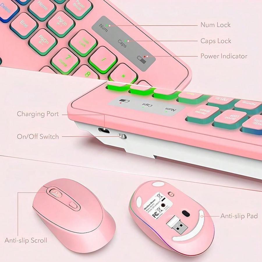 Pink Wireless Keyboard and Mouse Combo LED Backlit Rechargeable Set