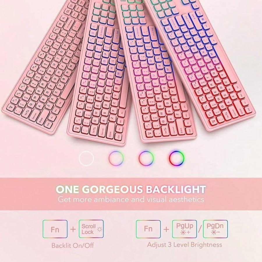 Pink Wireless Keyboard and Mouse Combo LED Backlit Rechargeable Set