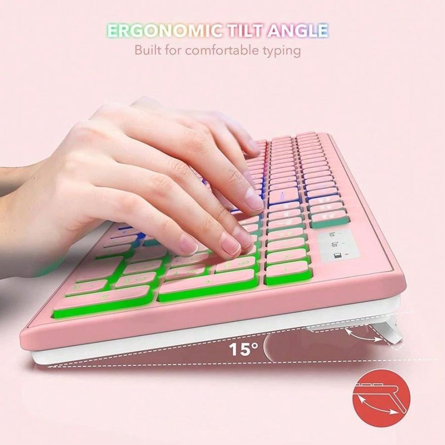 Pink Wireless Keyboard and Mouse Combo LED Backlit Rechargeable Set