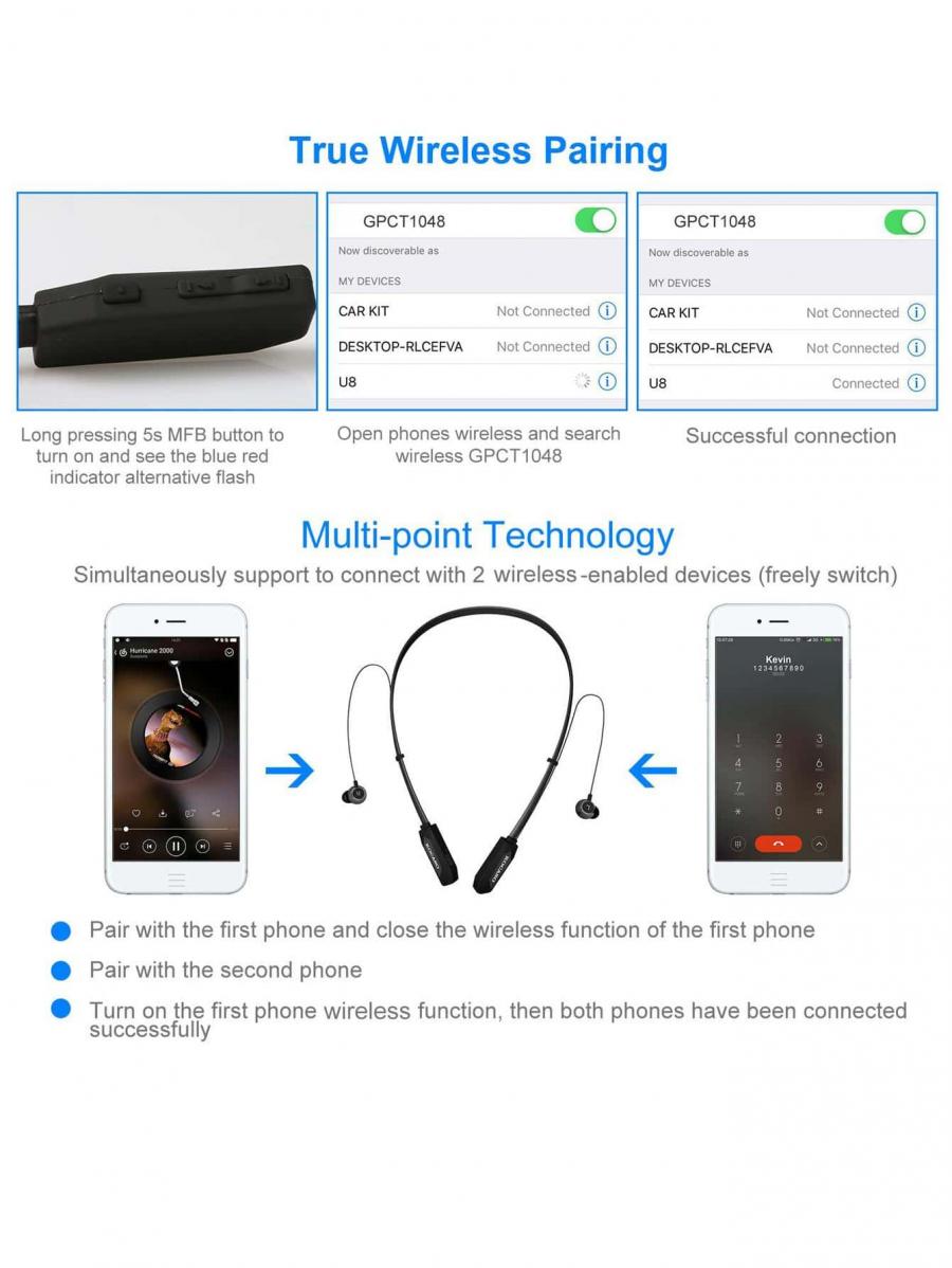 Wireless Neckband Headphones Sweatproof Sport In Ear Earbuds