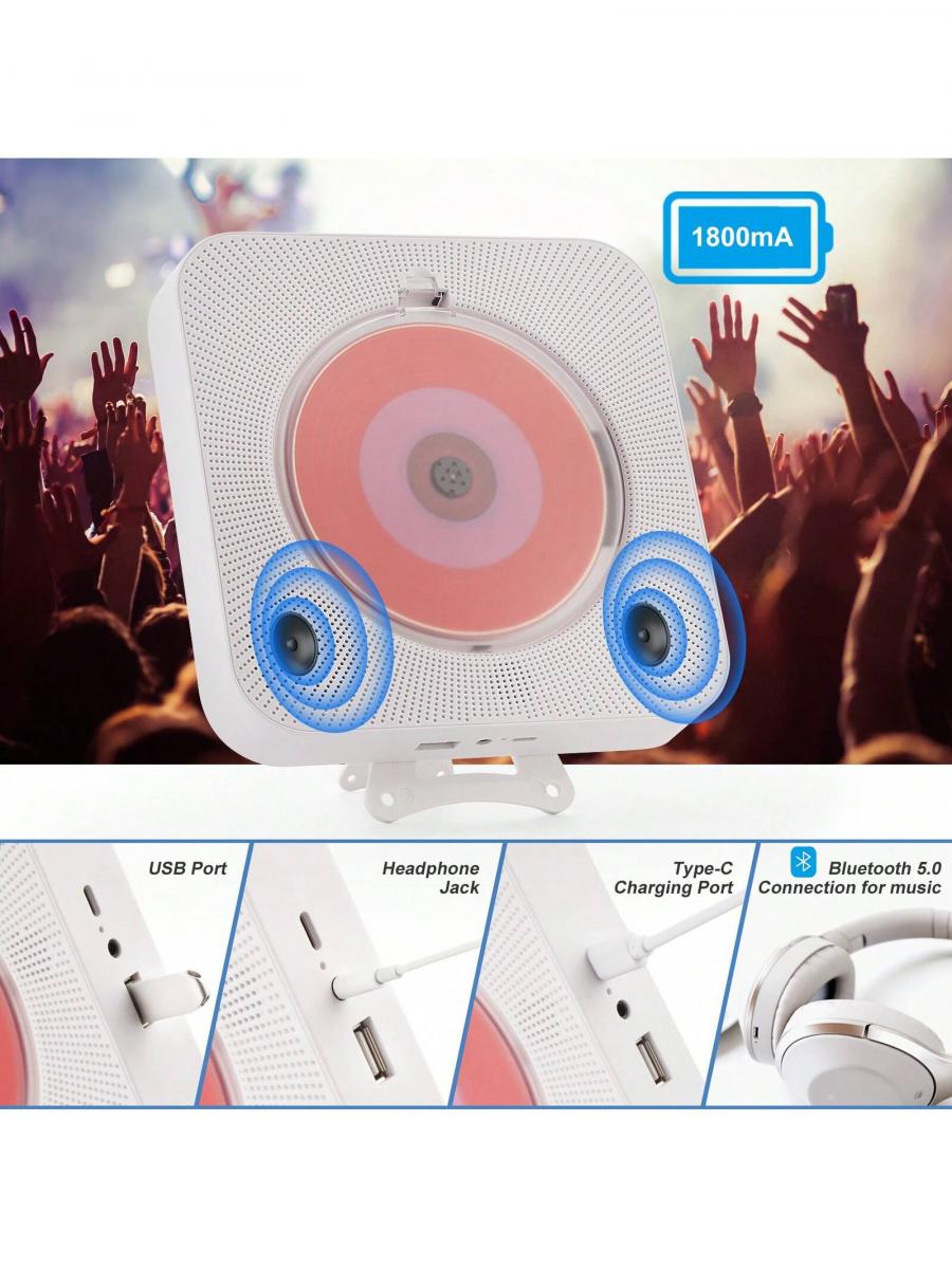 Rechargeable Bluetooth CD Player with Built-in Speakers for Home