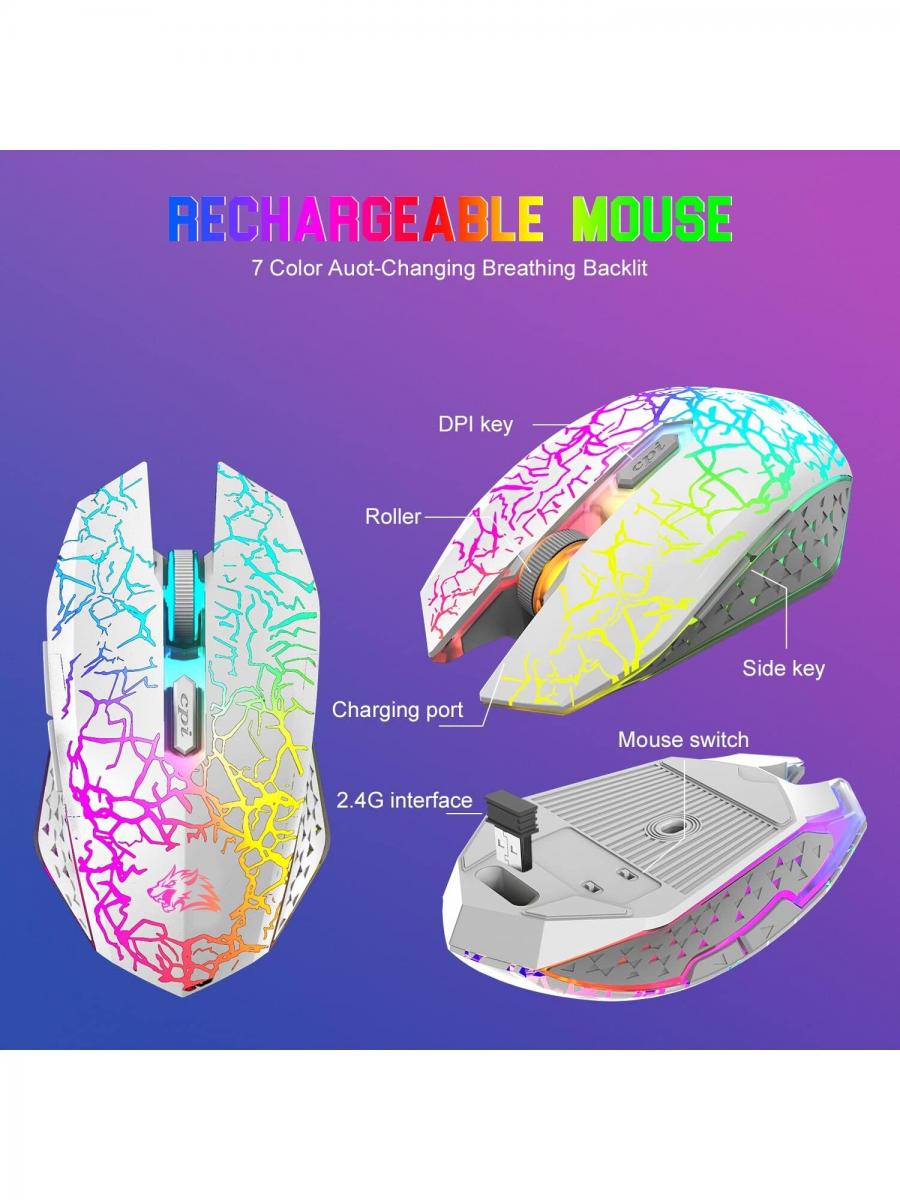 Wireless RGB Gaming Keyboard Mouse Combo Rechargeable 4000mAh White