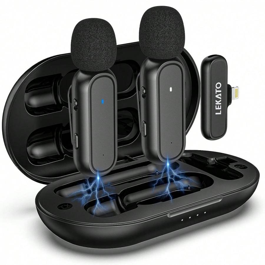 LEKATO Kabelloses Lavaliermikrofon, 2er-Pack mit Ladekoffer