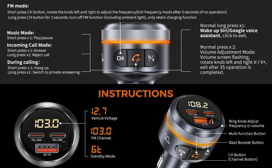 UNBREAKcable 50W Bluetooth 5 FM Transmitter Car Charger with 3 USB Ports