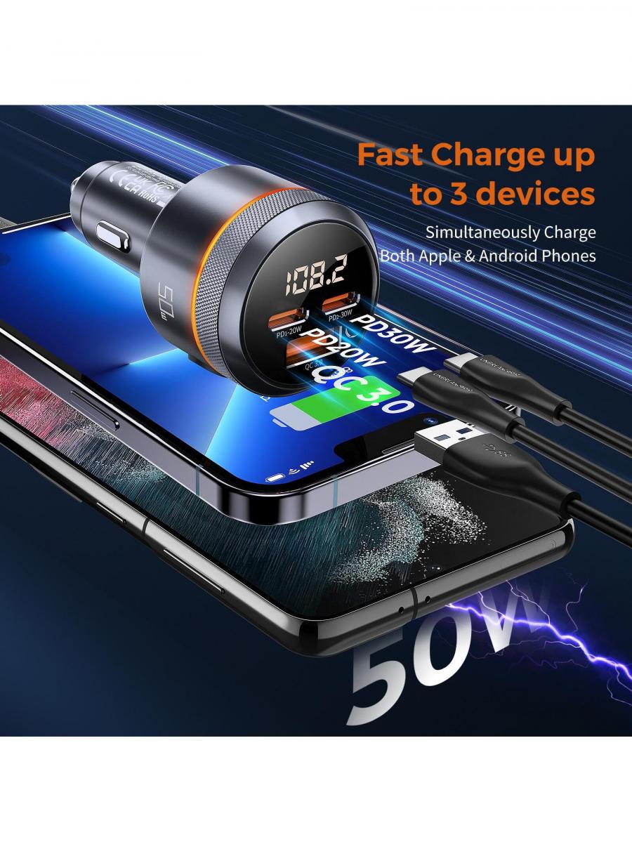 UNBREAKcable 50W Bluetooth 5 FM Transmitter Car Charger with 3 USB Ports