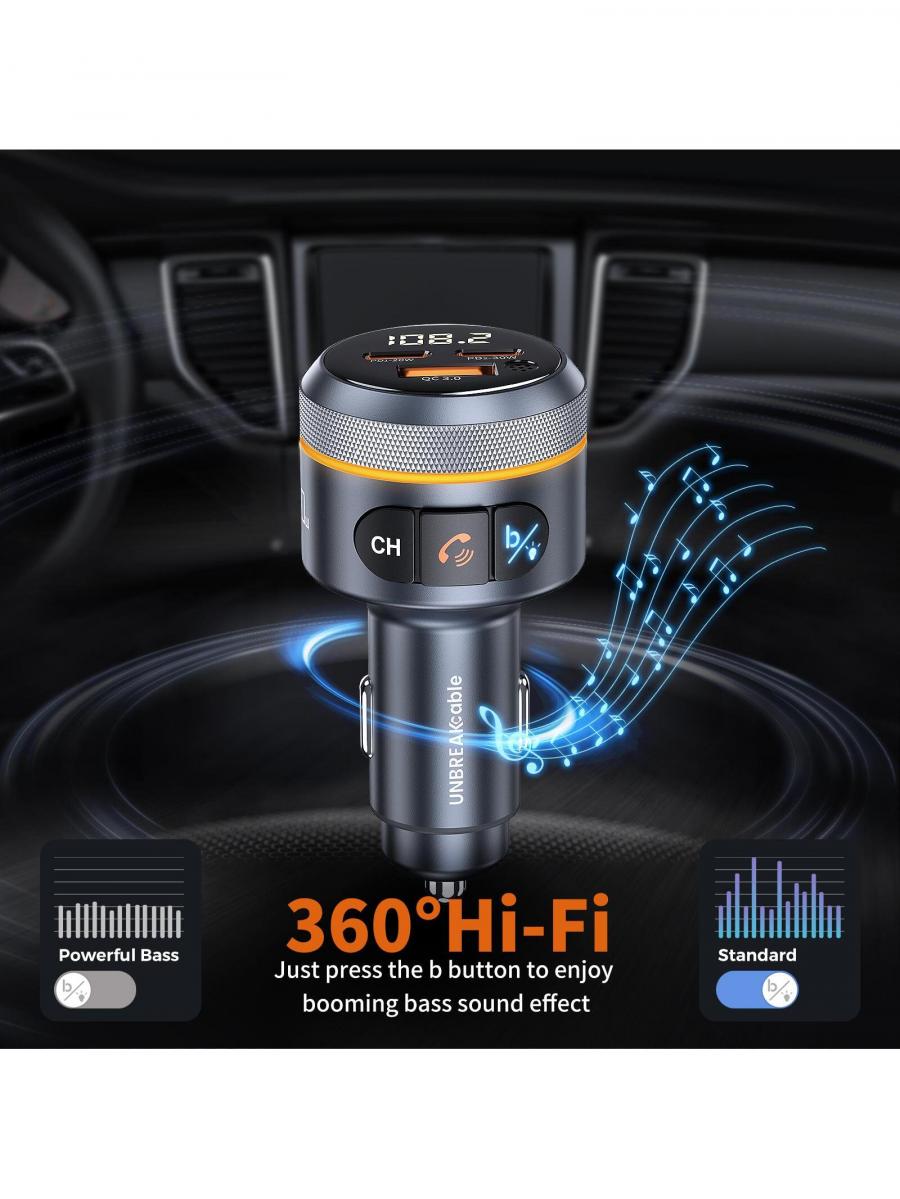 UNBREAKcable 50W Bluetooth 5 FM Transmitter Car Charger with 3 USB Ports