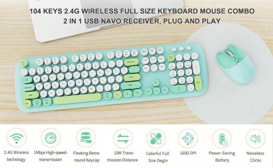 JOMAA Retro Wireless Keyboard and Mouse Combo Green Round Keycap