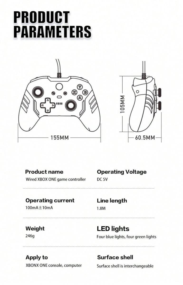 TOPWOLF Wired Xbox Controller with Dual Vibration Replaceable Cover