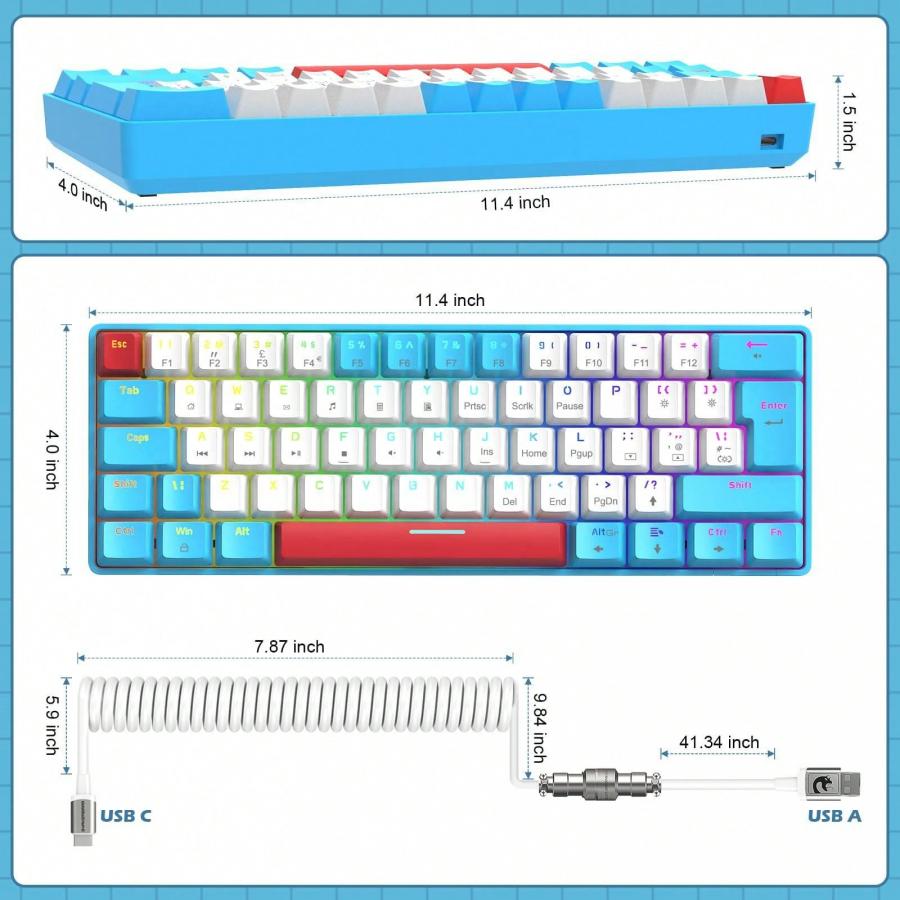 T60 Мини-проводная механическая игровая клавиатура с радужной подсветкой 62 клавиши