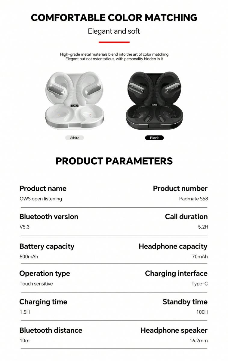 Padmate S58 True Wireless Stereo-Ohrhörer mit ENC-Rauschunterdrückung