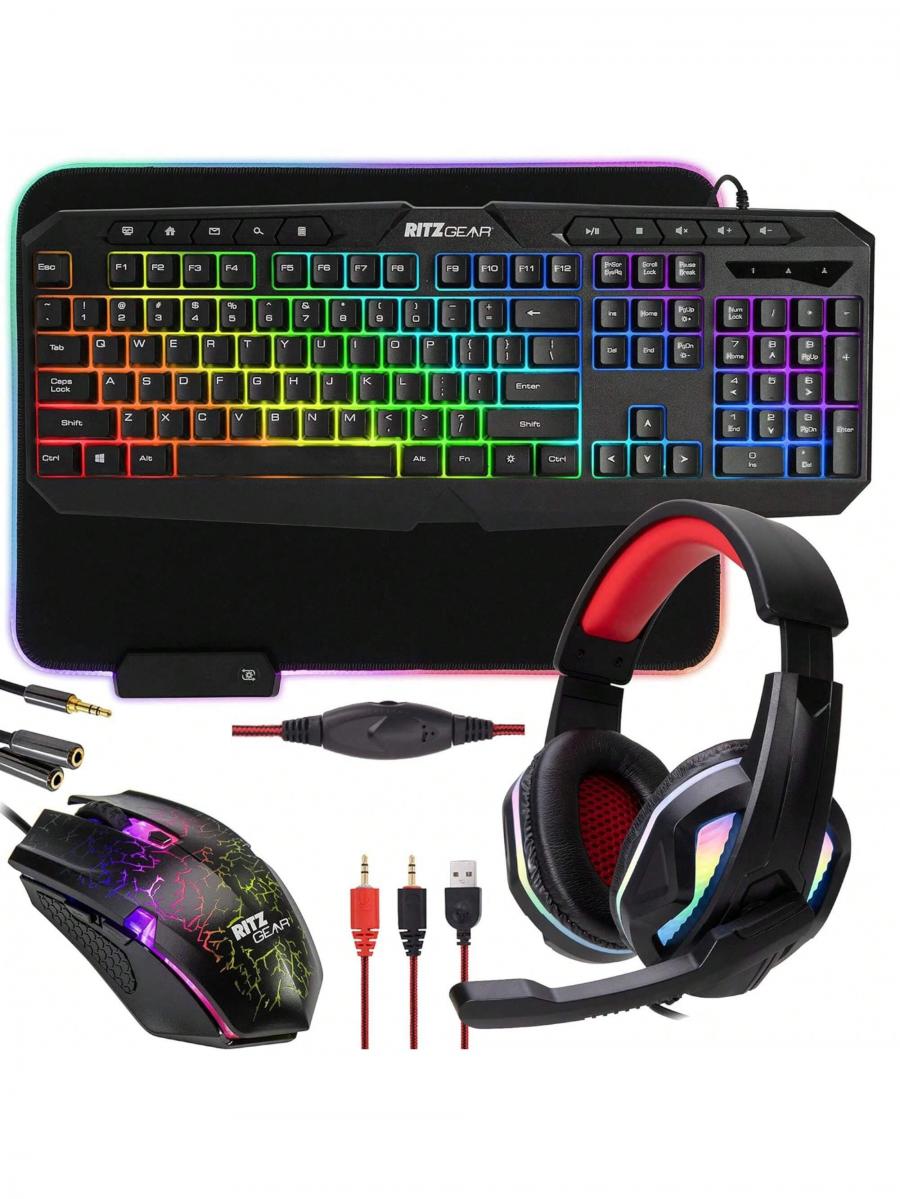 Комплект игрового ПК Ritz Gear 4 в 1 со светодиодной подсветкой и аксессуарами
