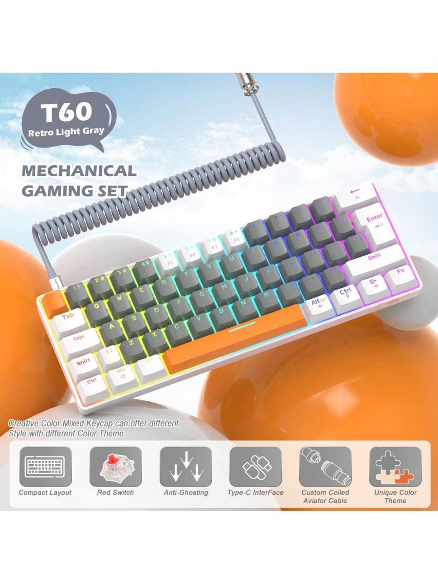 Проводная механическая игровая клавиатура T60 Mini с подсветкой Rainbow Backlit, 62 клавиши