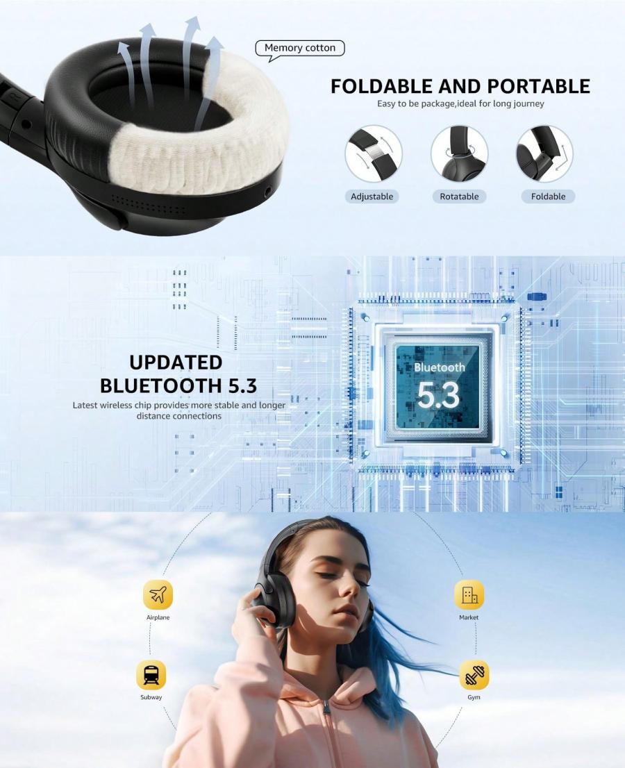 Picun Hybrid Active Noise Cancelling Headphones Wireless Hi Res Audio