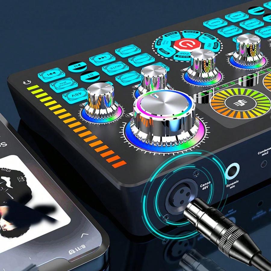 Q7 Wireless Bluetooth DJ Sound Card with RGB Buttons for Live Broadcast