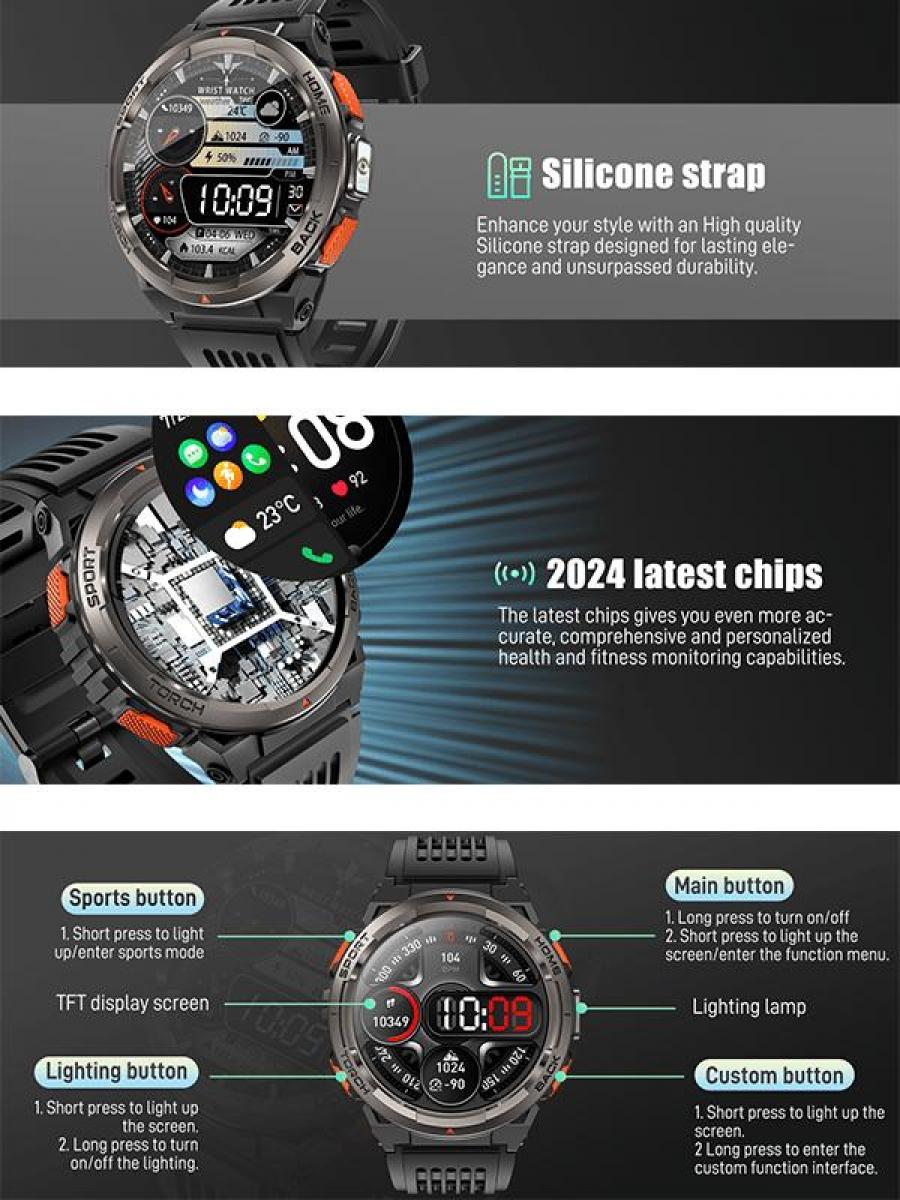 Rugged Outdoor Smart Watch for Men Waterproof Fitness Tracker