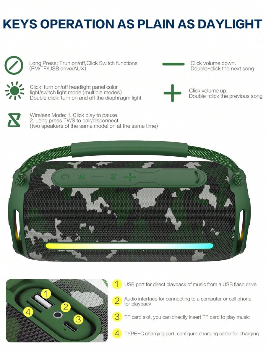 Portable Handheld Bluetooth Speaker with RGB and Dual TWS Bass Sound