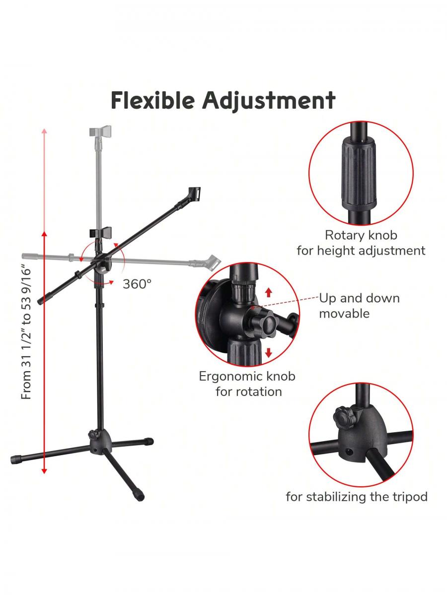 Adjustable Dual Mic Clip Tripod Stand with Rotating Boom Arm 2 Pack