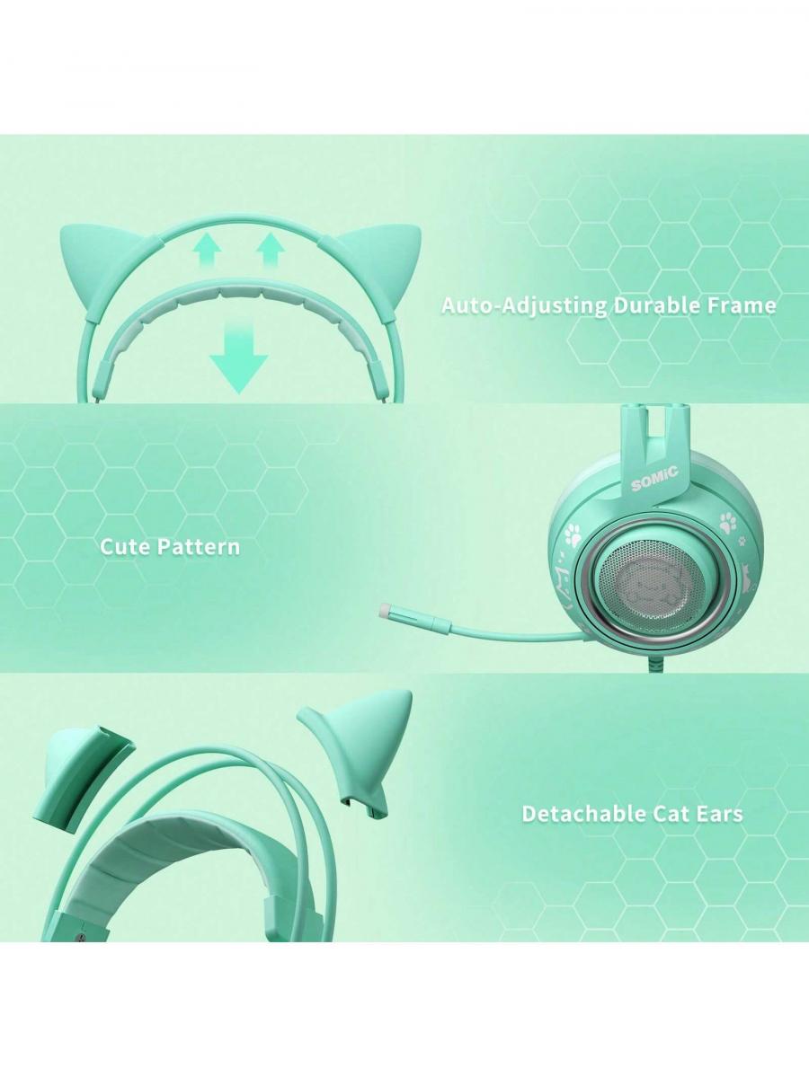 SOMIC G951s Grünes Cat-Ear-Gaming-Headset, leichte Over-Ear-Kopfhörer